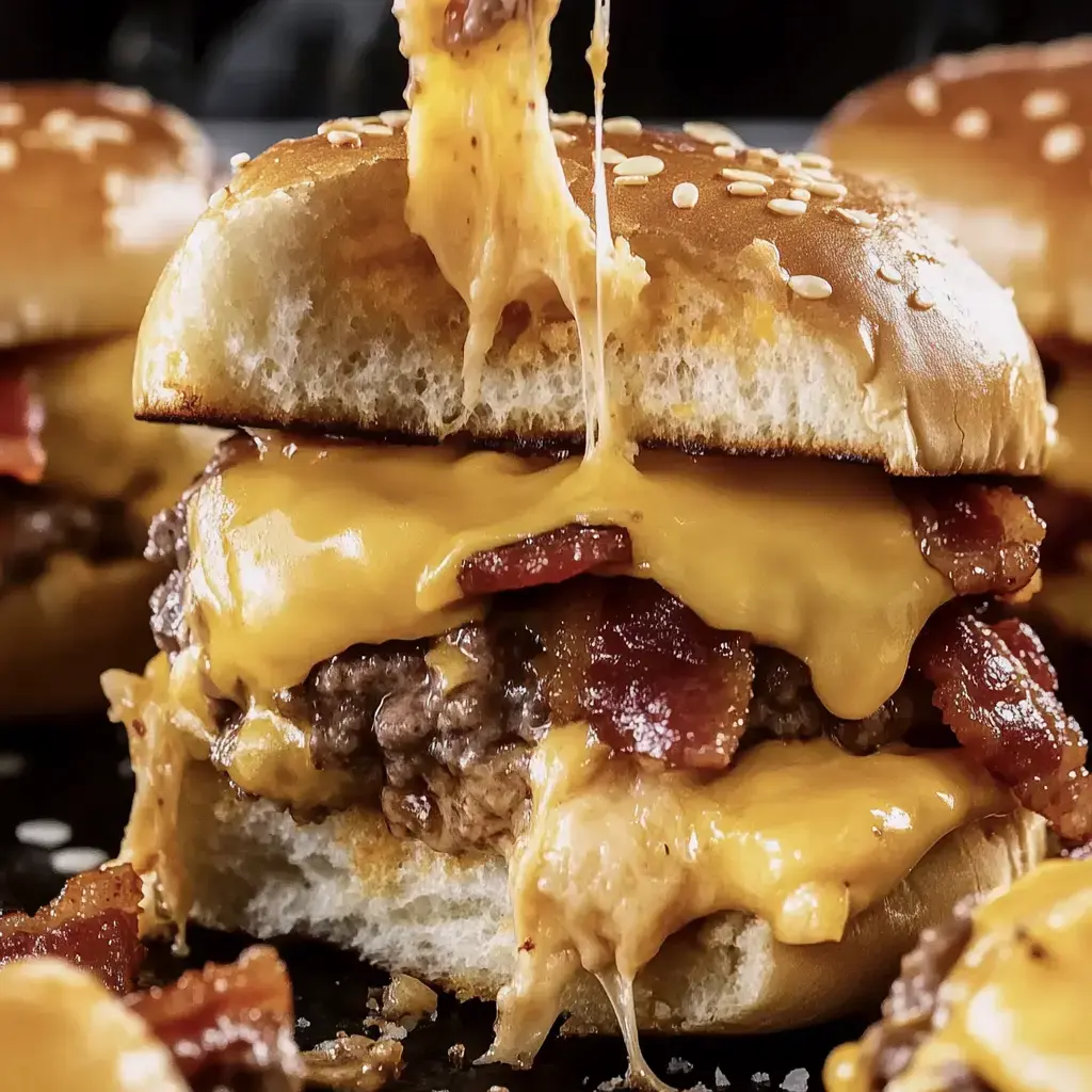 A close-up of a cheesy bacon hamburger with melted cheddar dripping from the sides, served on a sesame seed bun.