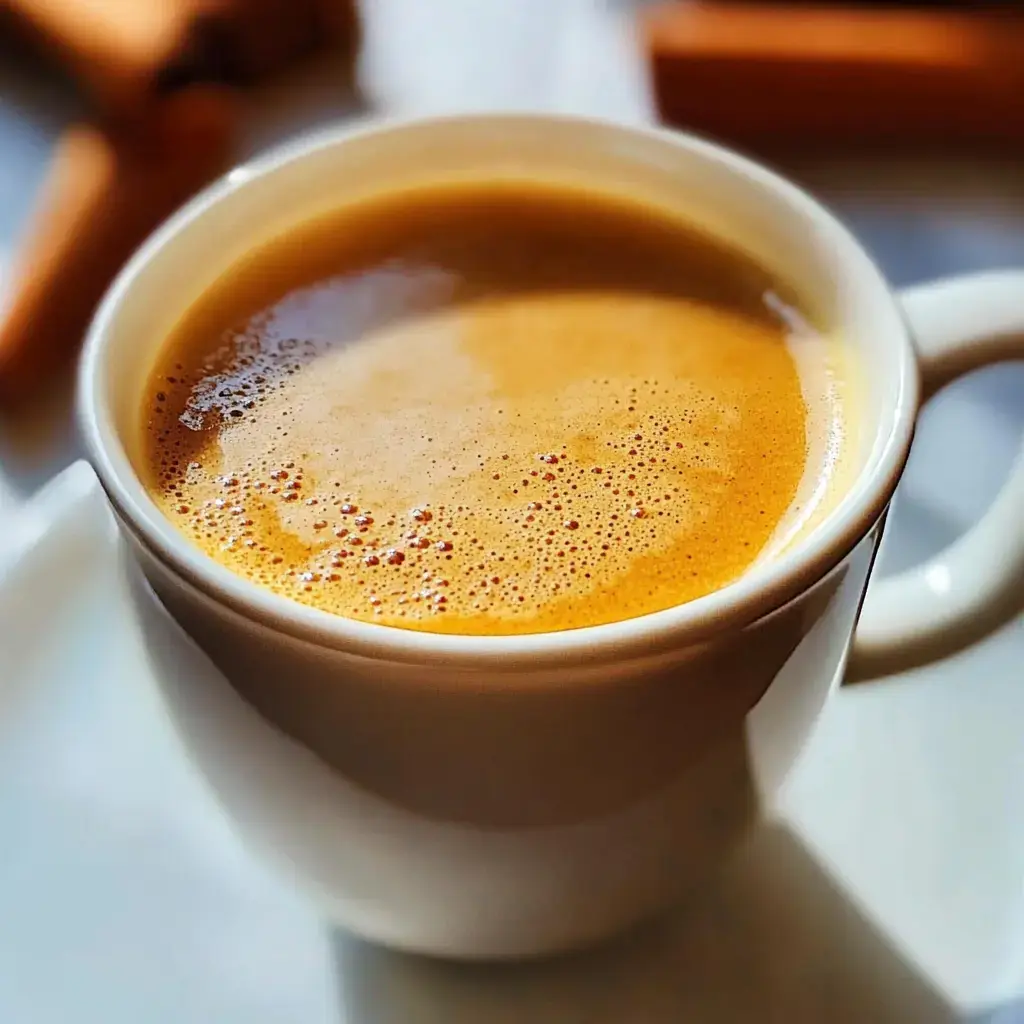 A close-up of a white cup filled with frothy coffee, surrounded by cinnamon sticks.