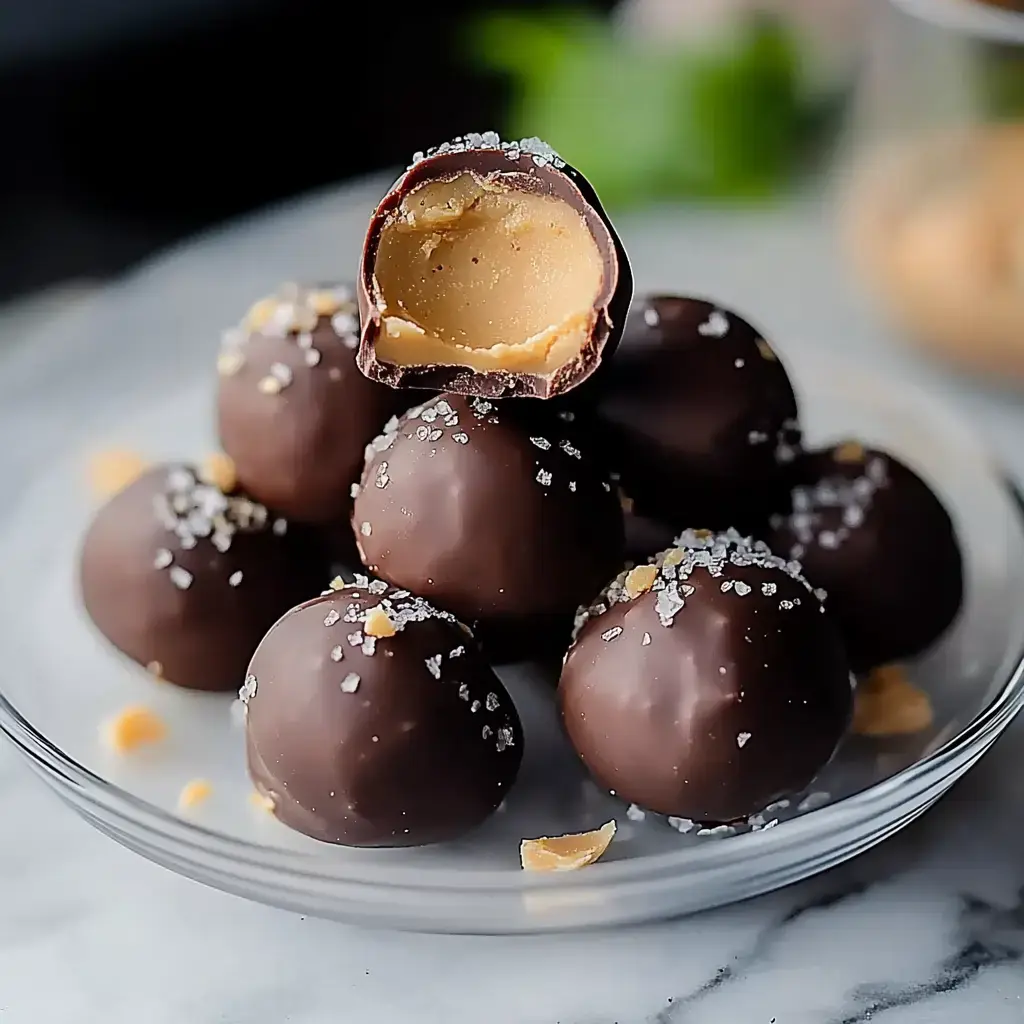 A close-up of a plate of chocolate-covered candies, with one candy cut in half to reveal a creamy filling, topped with flaky sea salt.