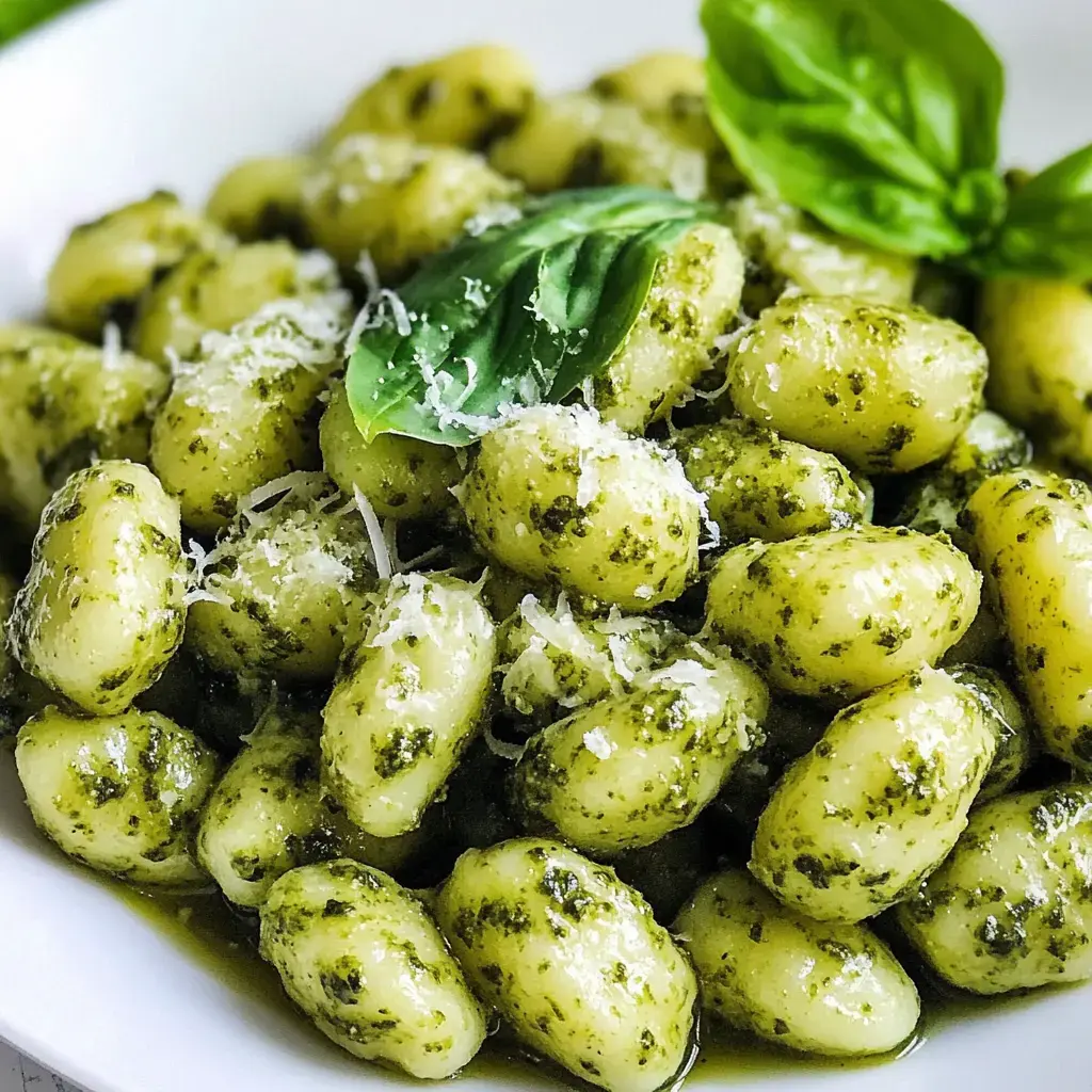 A close-up of gnocchi tossed in pesto sauce, garnished with fresh basil leaves and grated cheese on a white plate.