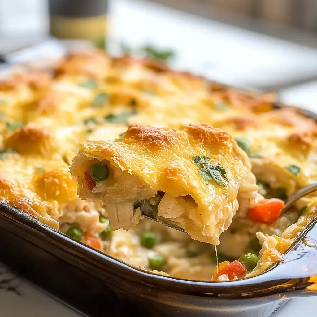 A serving of creamy chicken casserole with a golden, cheesy crust, topped with peas and diced vegetables.