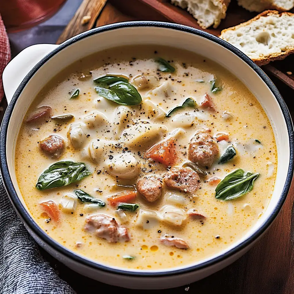 A creamy soup with pasta, sausage, fresh basil, and diced tomatoes served in a white bowl.