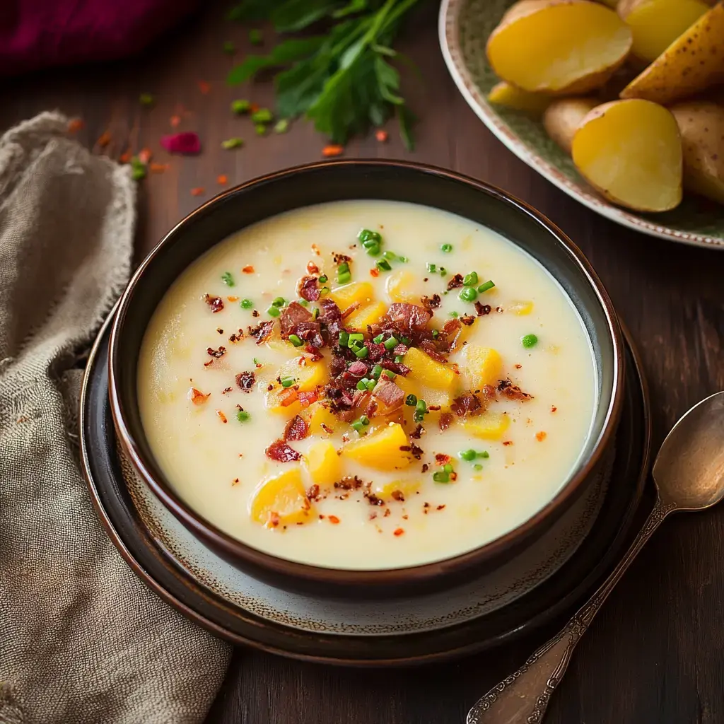 A bowl of creamy potato soup garnished with diced bacon, chives, and red pepper flakes, accompanied by a plate of sliced potatoes.