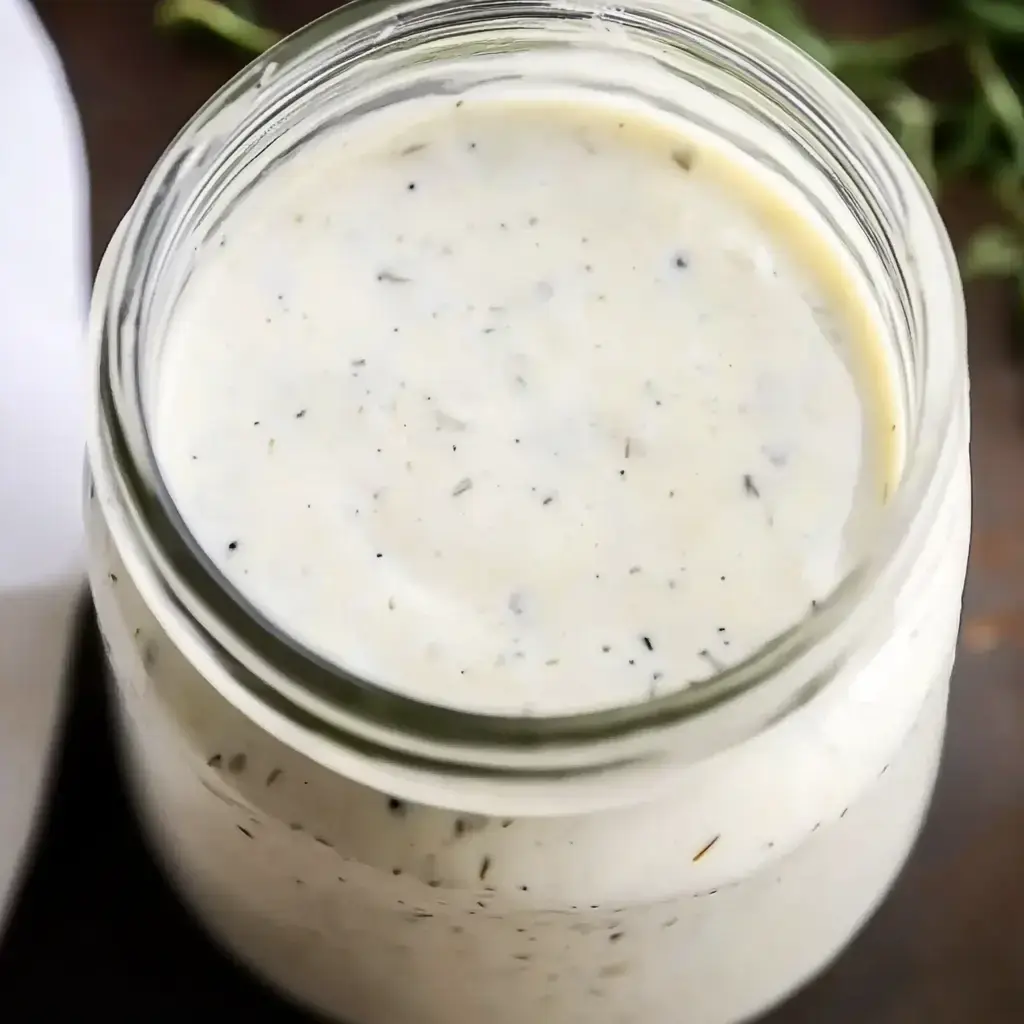 A jar filled with creamy white sauce, topped with small black specks and herbs.