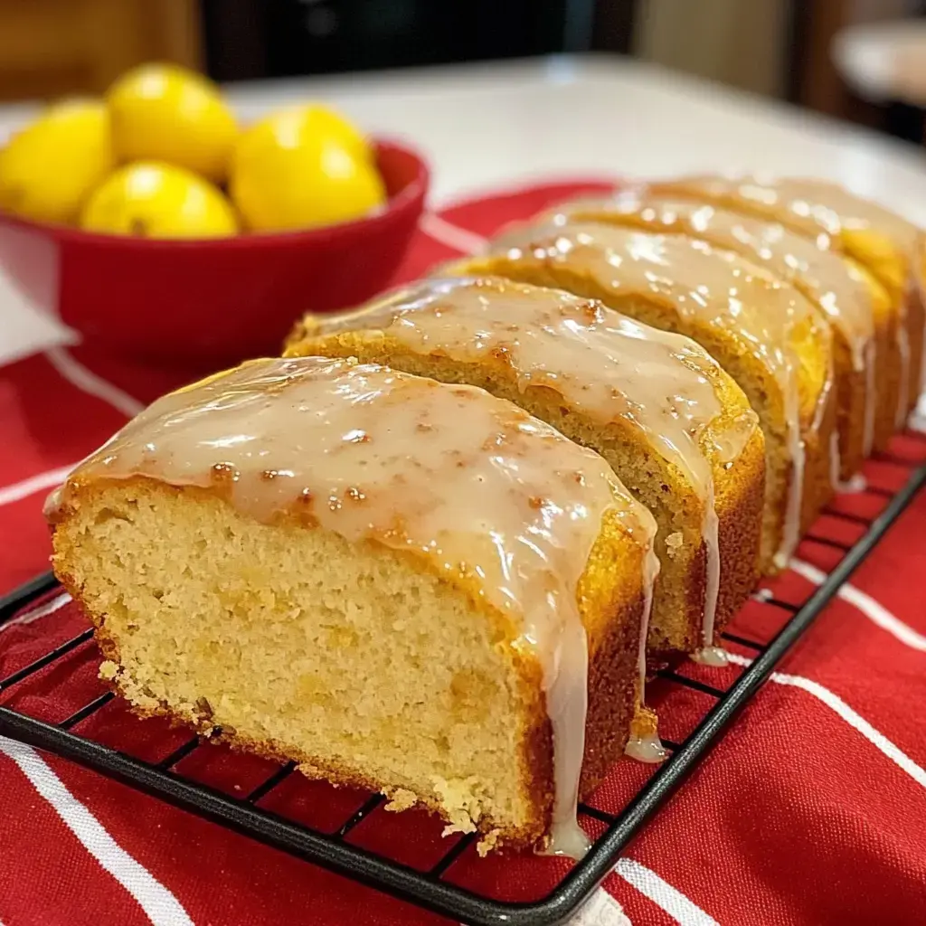 A freshly baked lemon loaf cake with a glossy glaze is displayed on a cooling rack, with a bowl of lemons in the background.