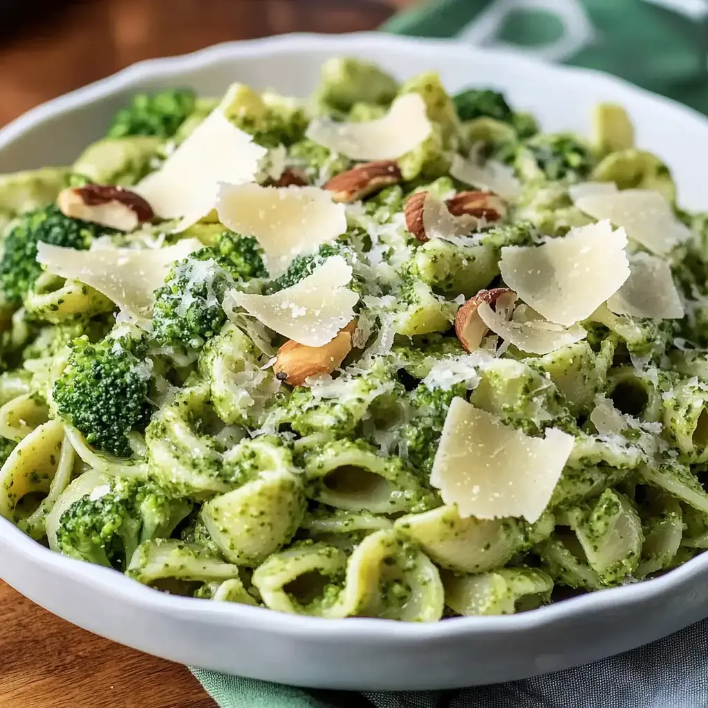 A close-up of a bowl of pasta topped with pesto sauce, broccoli florets, shaved Parmesan cheese, and almonds.