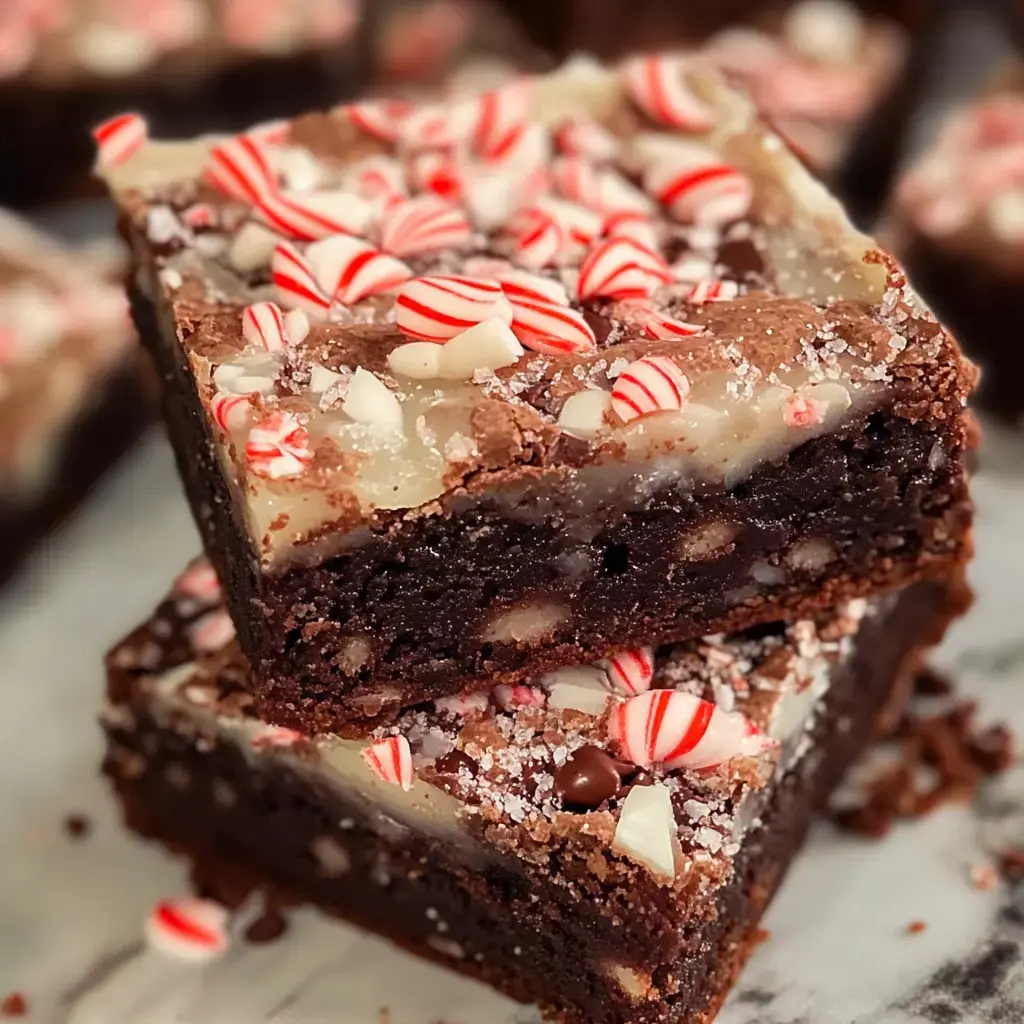 A close-up of two stacked chocolate peppermint brownies topped with crushed peppermint candies and white chocolate chunks.