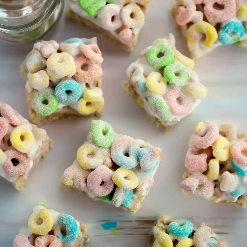 A top-down view of colorful cereal treats topped with pastel-hued sugary rings, arranged on a light background.