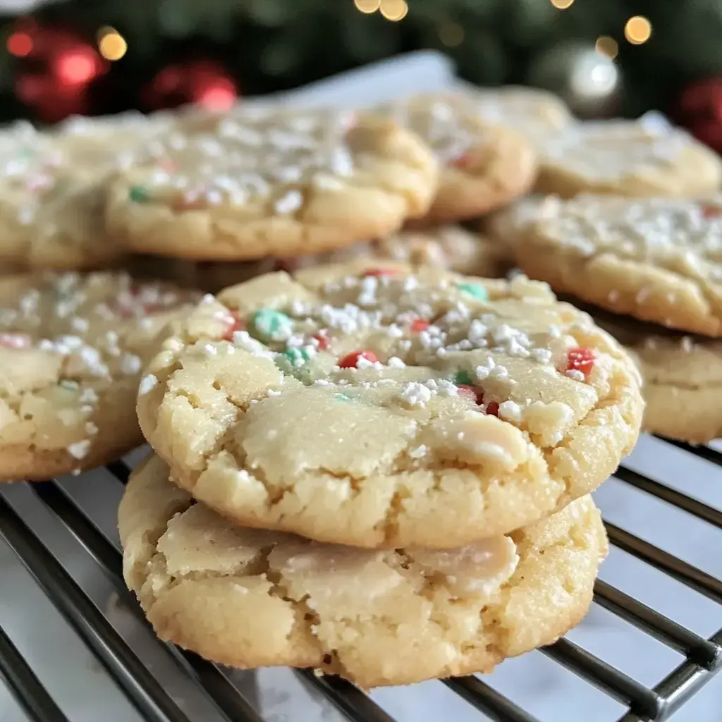 A close-up of festive cookies sprinkled with powdered sugar and colorful holiday sprinkles, resting on a cooling rack.