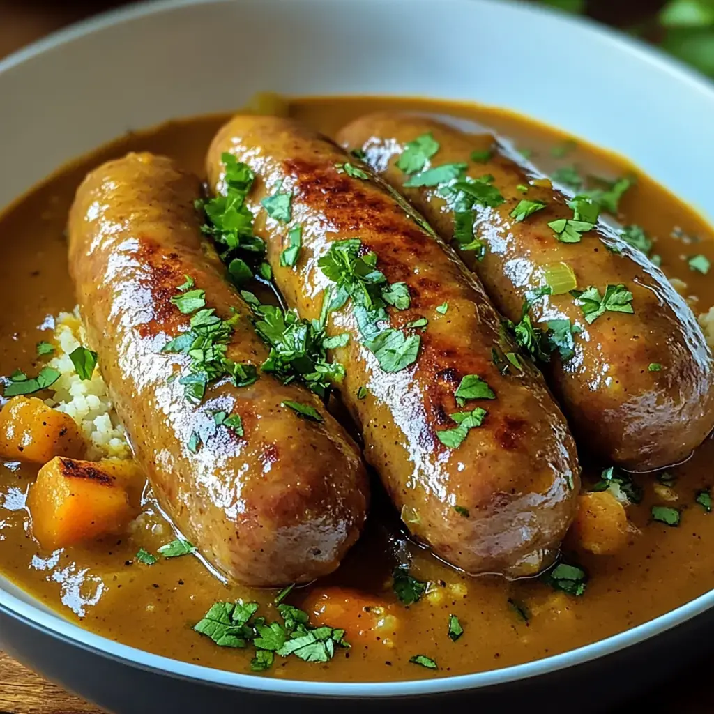 Three grilled sausages garnished with chopped cilantro served in a rich, brown sauce with pieces of vegetables.