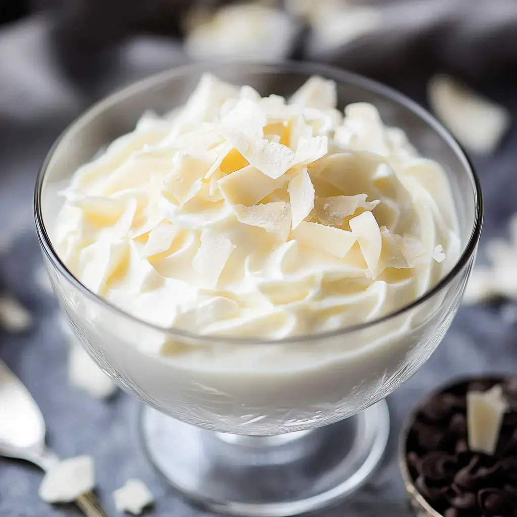 A glass dessert bowl filled with creamy whipped cream topped with white chocolate shavings.