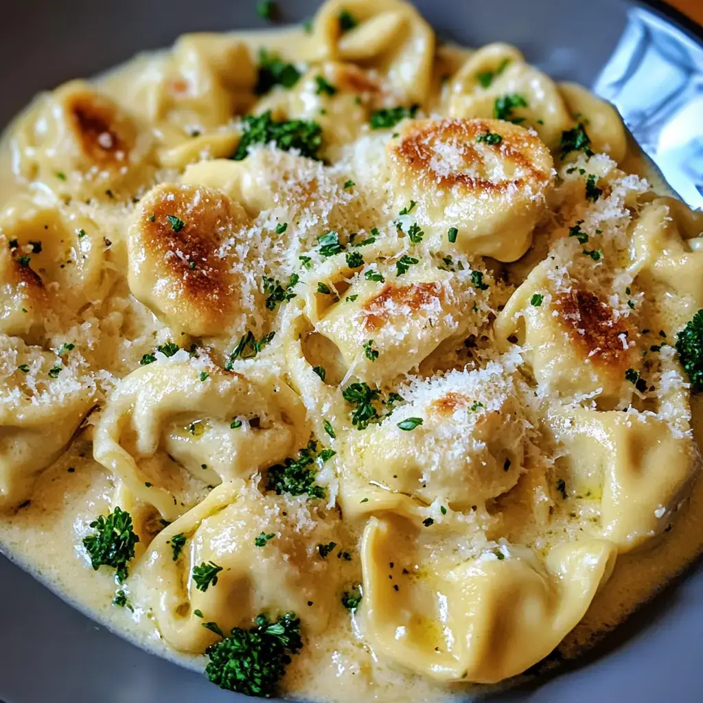 A bowl of creamy pasta with golden-brown tortellini, sprinkled with grated cheese and fresh parsley.