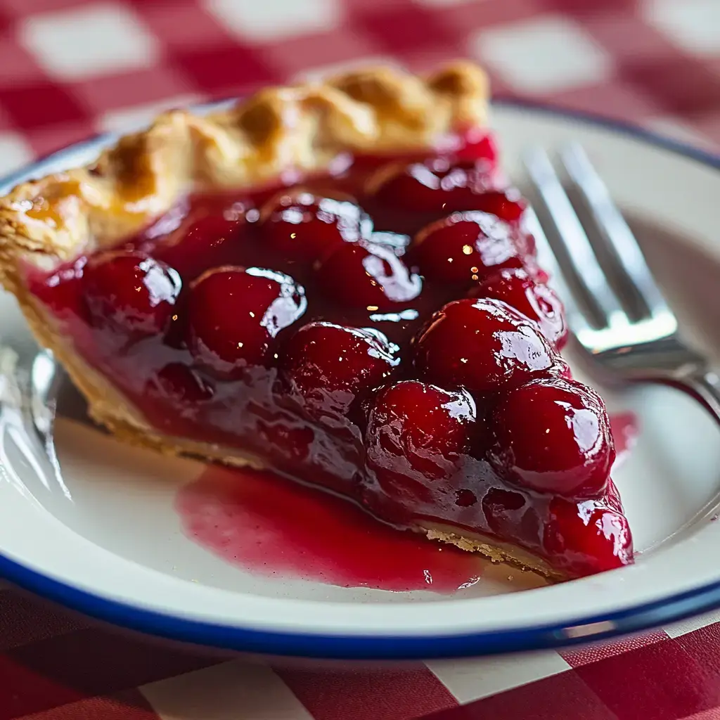 A slice of cherry pie with glossy red cherries and a golden crust on a white plate next to a silver fork.