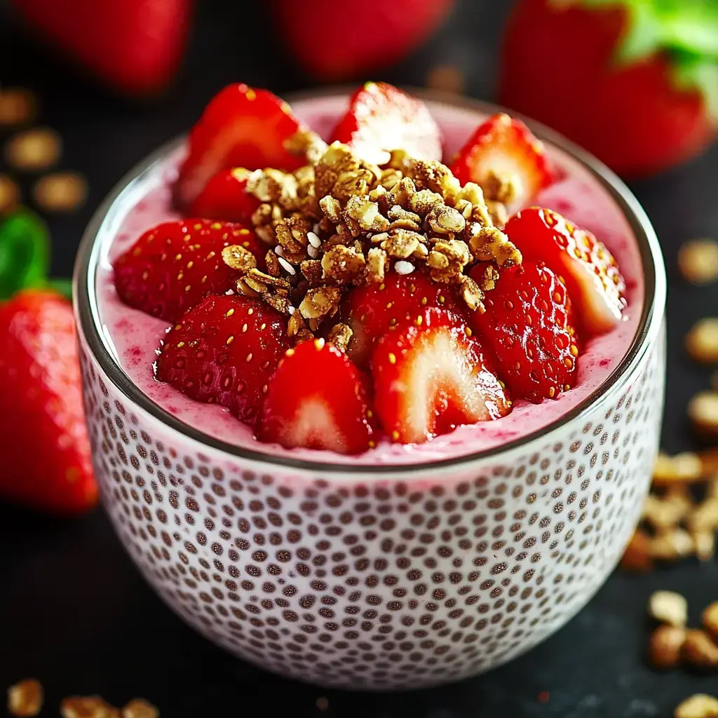 A bowl of yogurt topped with fresh strawberries and granola, surrounded by additional strawberries on a dark background.