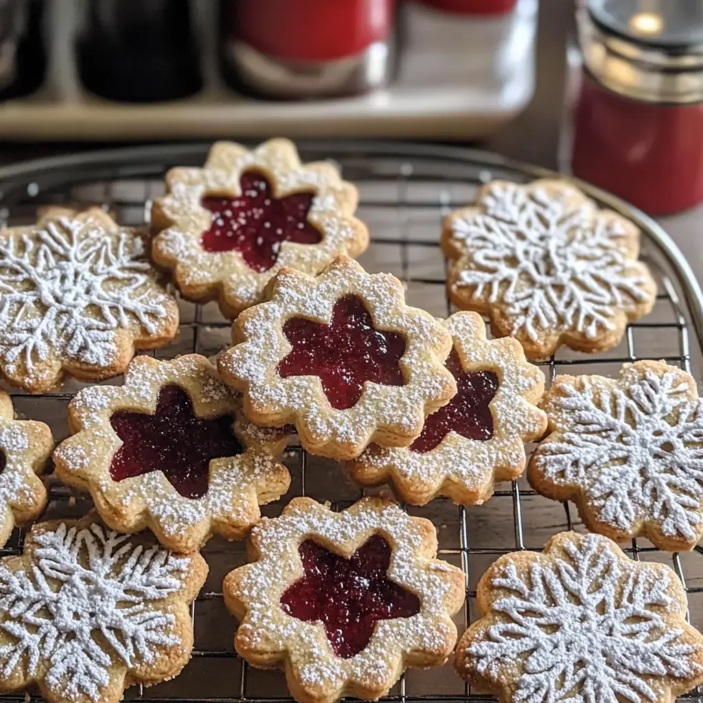 A festive assortment of powdered sugar-dusted cookies with star-shaped cutouts revealing red jam filling, arranged on a cooling rack.