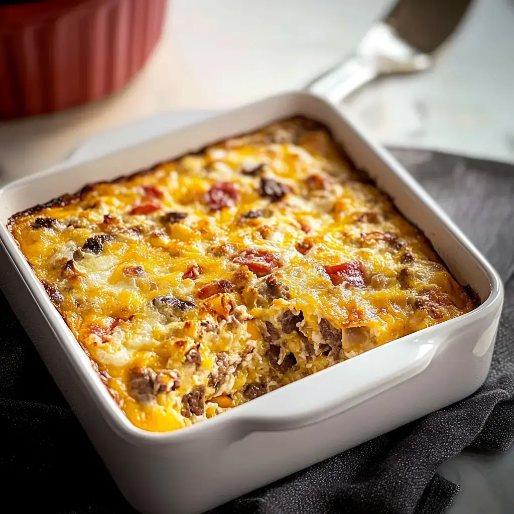 A close-up of a baked casserole dish filled with a cheesy, meat-filled mixture, sitting on a dark surface.