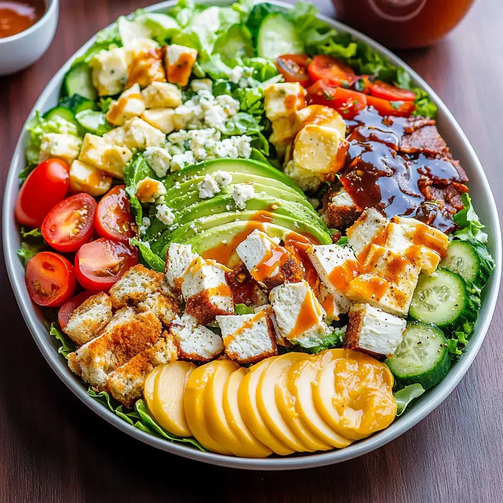 A colorful salad bowl featuring sliced grilled chicken, avocado, tomatoes, cucumbers, cheese, croutons, and a drizzle of dressing.