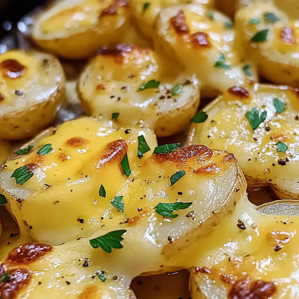 A close-up of golden, cheesy baked potatoes garnished with parsley.