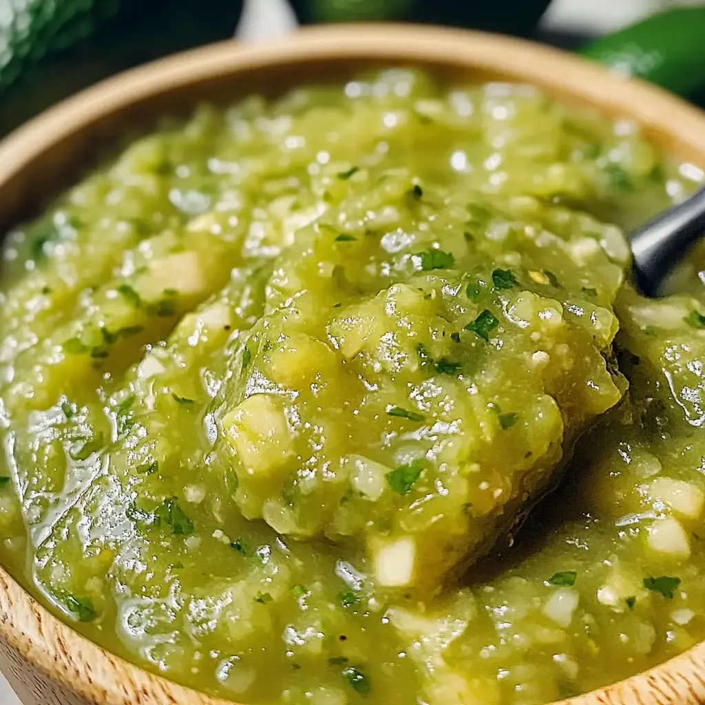 A close-up of a wooden bowl filled with a vibrant green salsa topped with chopped herbs.