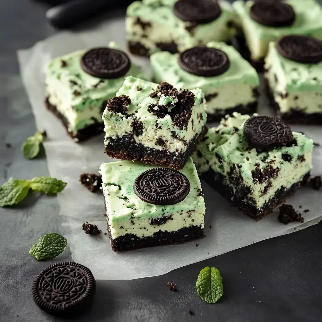 A close-up of mint-flavored cheesecake squares topped with Oreo cookies, surrounded by mint leaves on a dark surface.