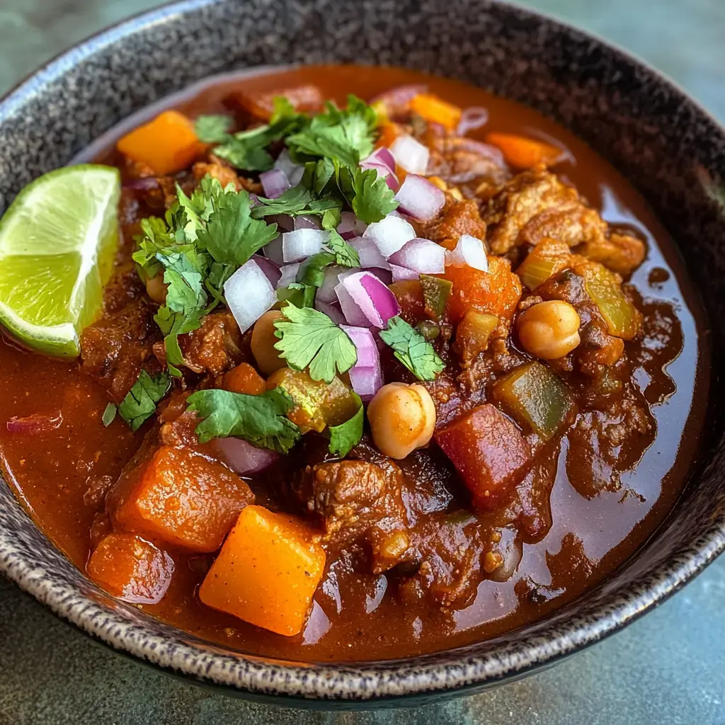 A bowl of hearty chili topped with fresh cilantro, diced onions, and a wedge of lime.