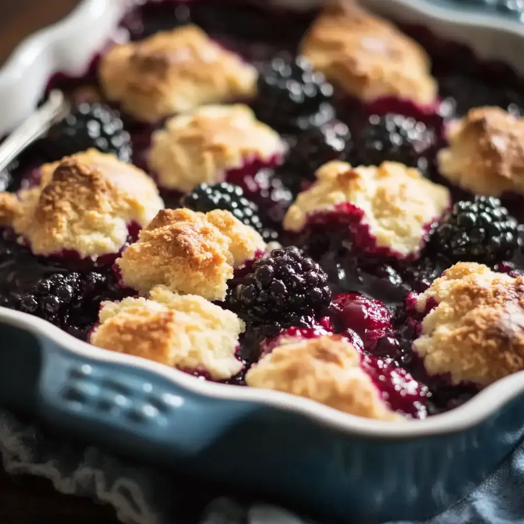 A close-up of a blackberry cobbler with golden biscuit topping in a blue baking dish.