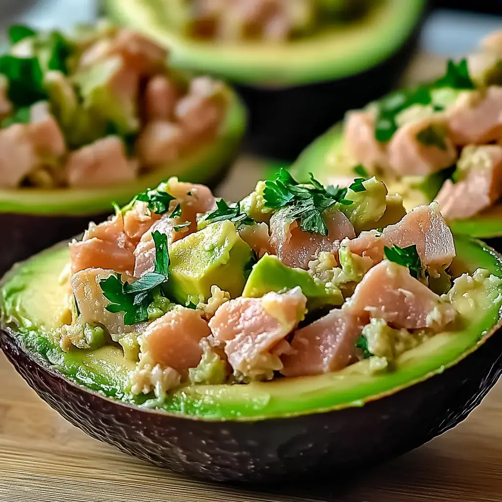 Halved avocados filled with a mixture of diced salmon, chopped avocado, and fresh cilantro.