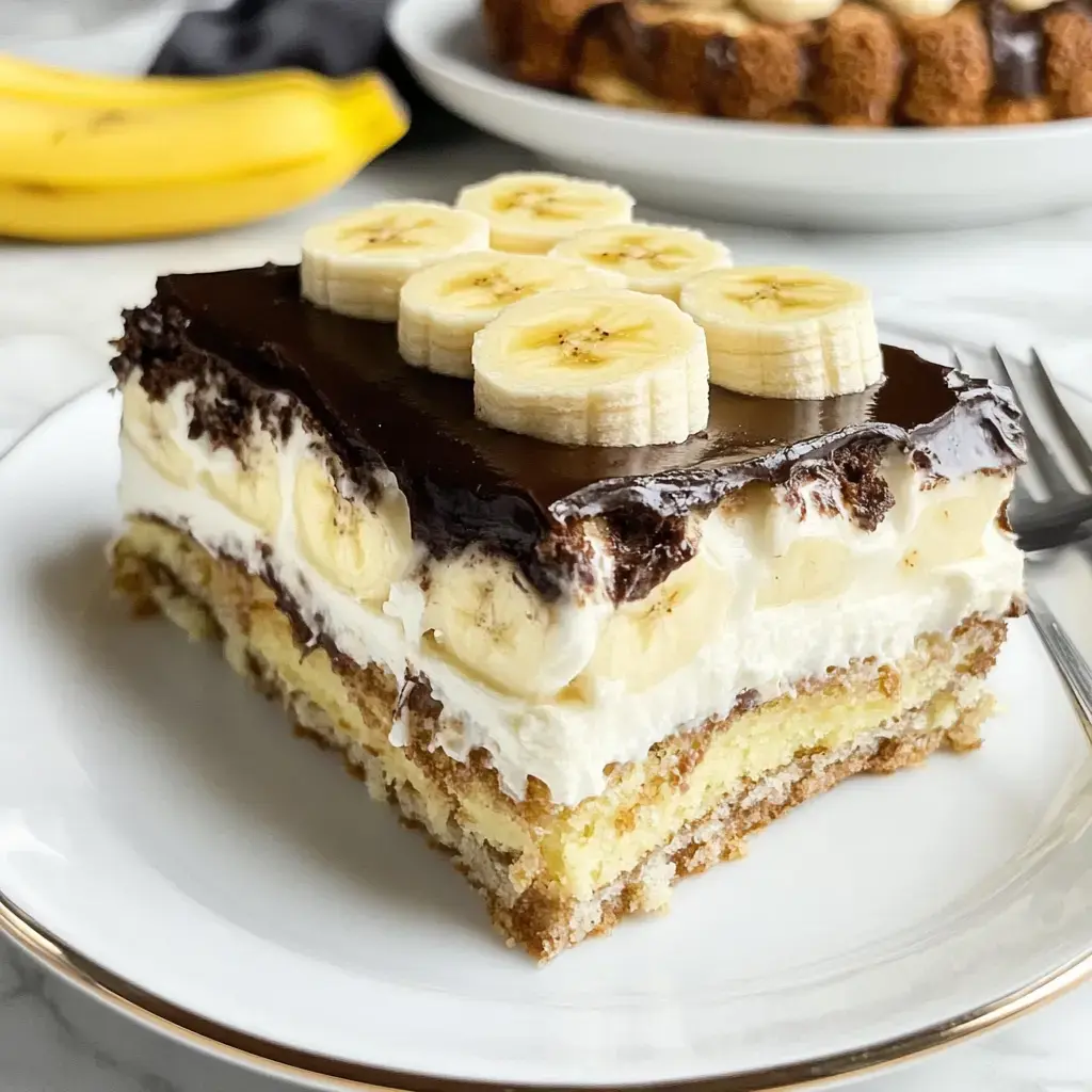 A slice of layered dessert topped with banana slices and chocolate ganache, served on a white plate with a fork.