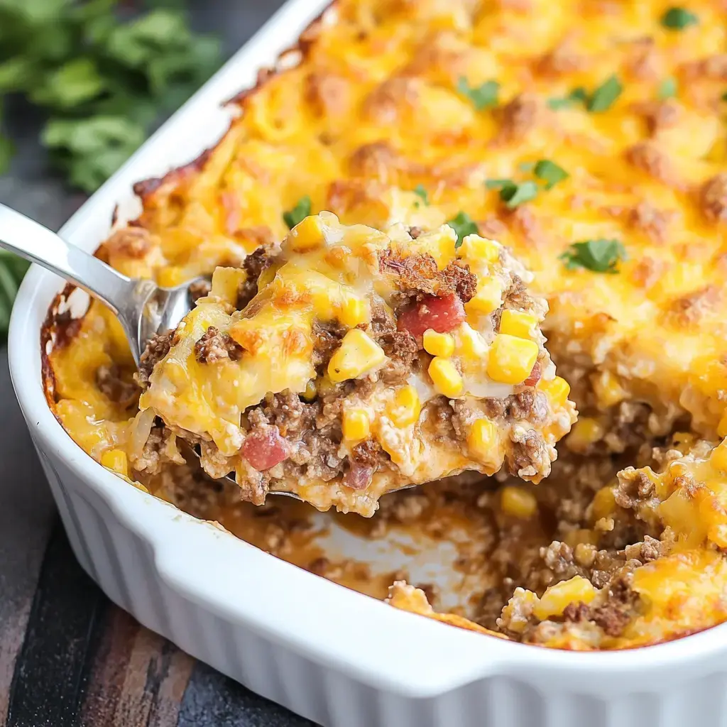 A serving spoon is lifting a portion of a baked casserole dish filled with ground beef, corn, and melted cheese.