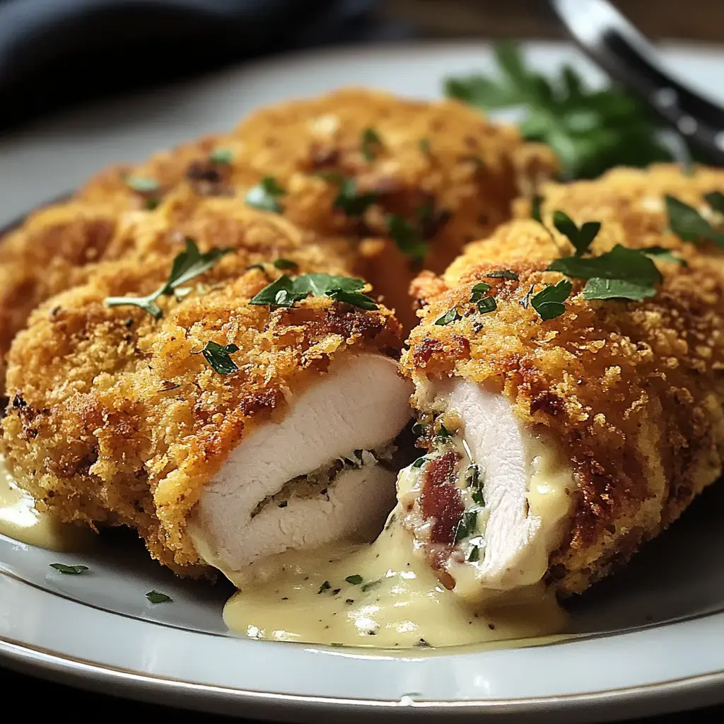 A plate of golden-brown breaded chicken cutlets, one cut open to reveal a creamy filling and drizzled with sauce, garnished with fresh parsley.