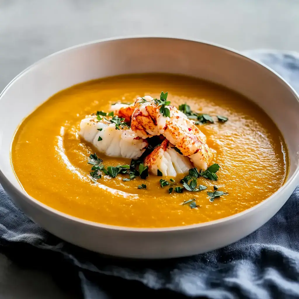 A creamy orange soup topped with pieces of lobster and garnished with fresh parsley.