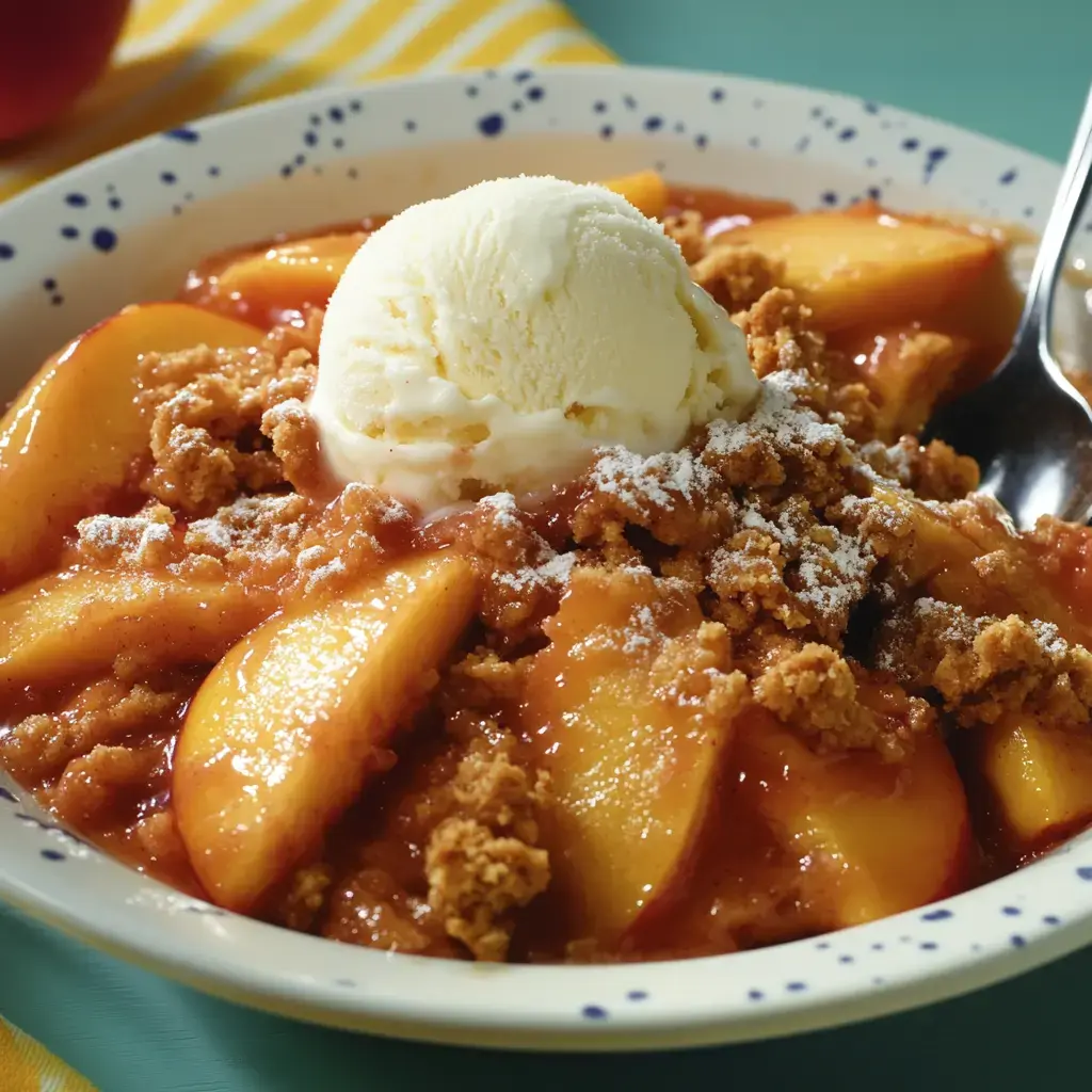 A bowl of warm peach cobbler topped with a scoop of vanilla ice cream and sprinkled with crumbs.