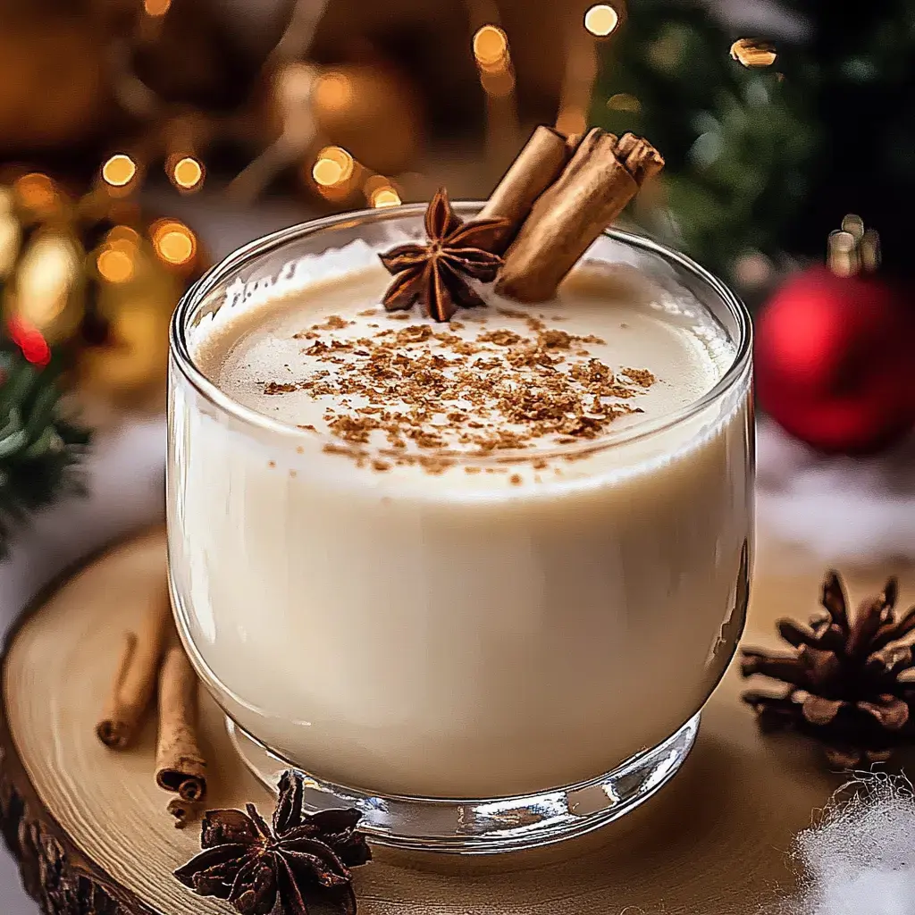 A glass of creamy dessert drink topped with cinnamon sticks and star anise, surrounded by festive decorations.