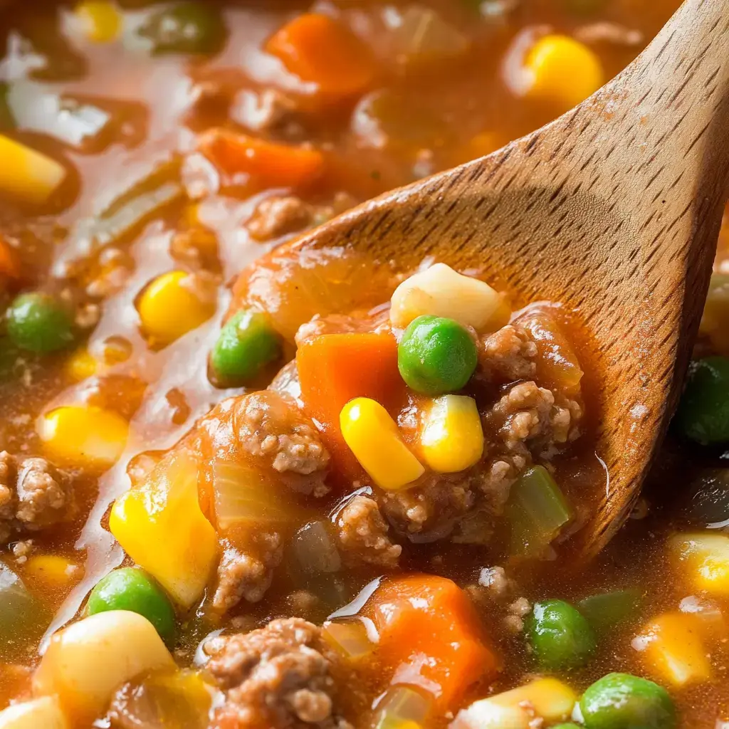 A close-up of a wooden spoon stirring a hearty beef and vegetable stew, featuring colorful pieces of carrots, corn, and peas in rich broth.