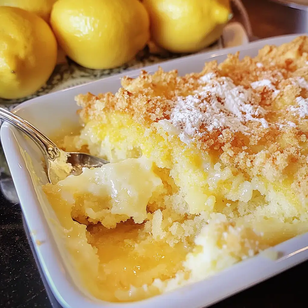 A close-up of a spoonful of lemon dessert in a white dish, with a pile of fresh lemons in the background.