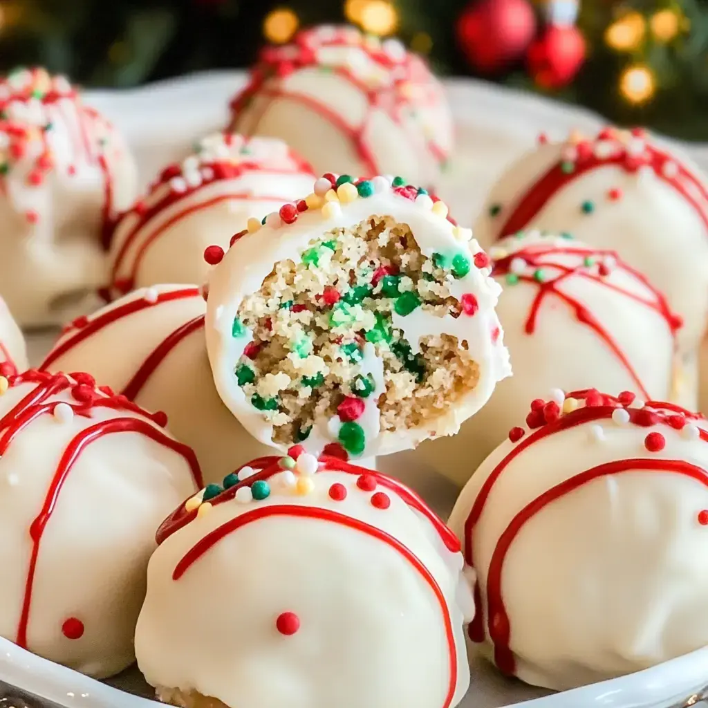 A plate of holiday-themed cake balls covered in white chocolate and decorated with festive sprinkles, with one bitten to reveal colorful, cookie-like filling inside.