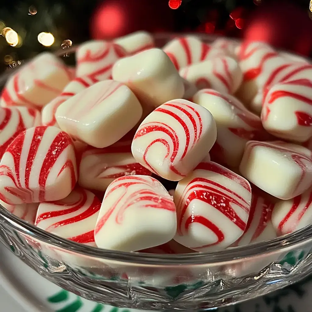 A close-up view of a glass bowl filled with red and white striped peppermint candies.