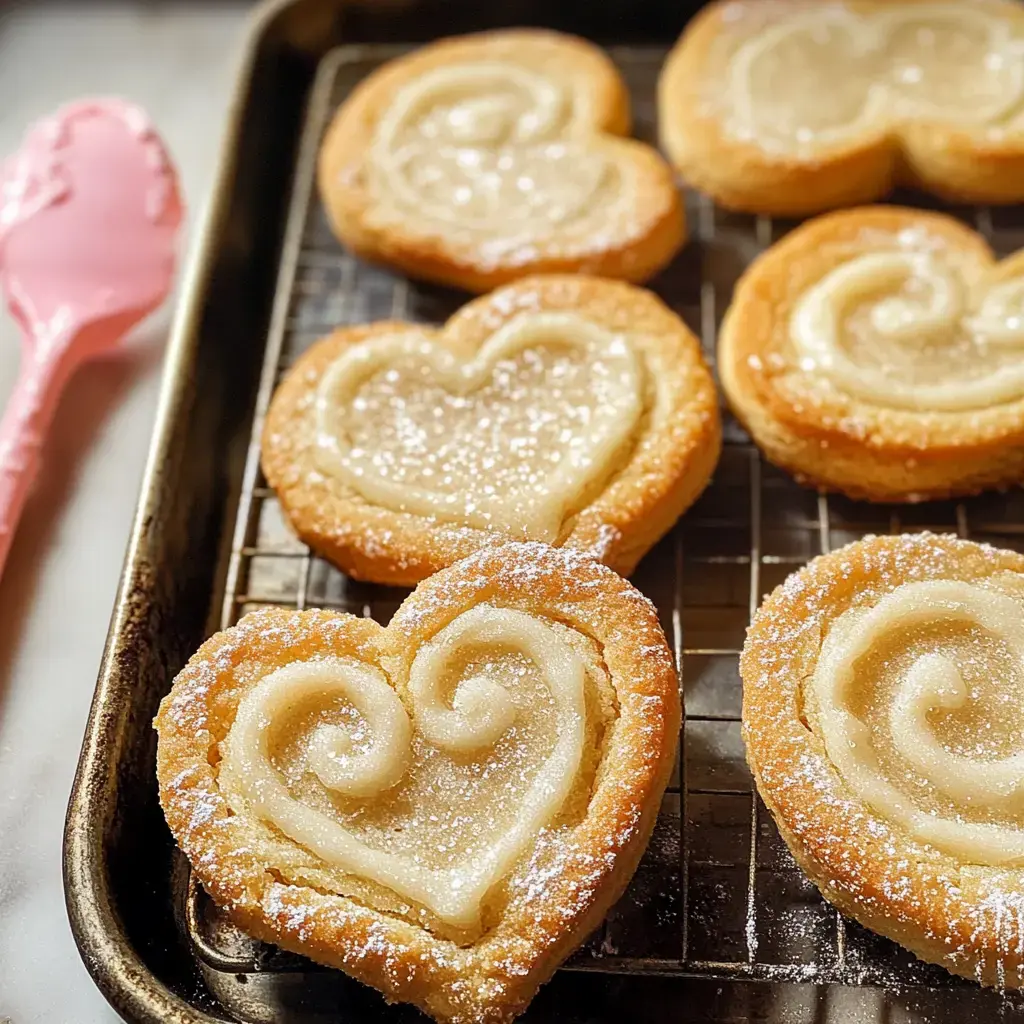 A tray of heart-shaped pastries dusted with powdered sugar and filled with a creamy swirl frosting.