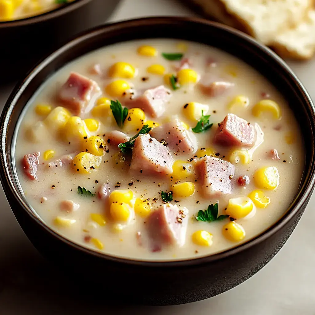 A bowl of creamy corn and ham soup, garnished with parsley, and served with a piece of bread in the background.