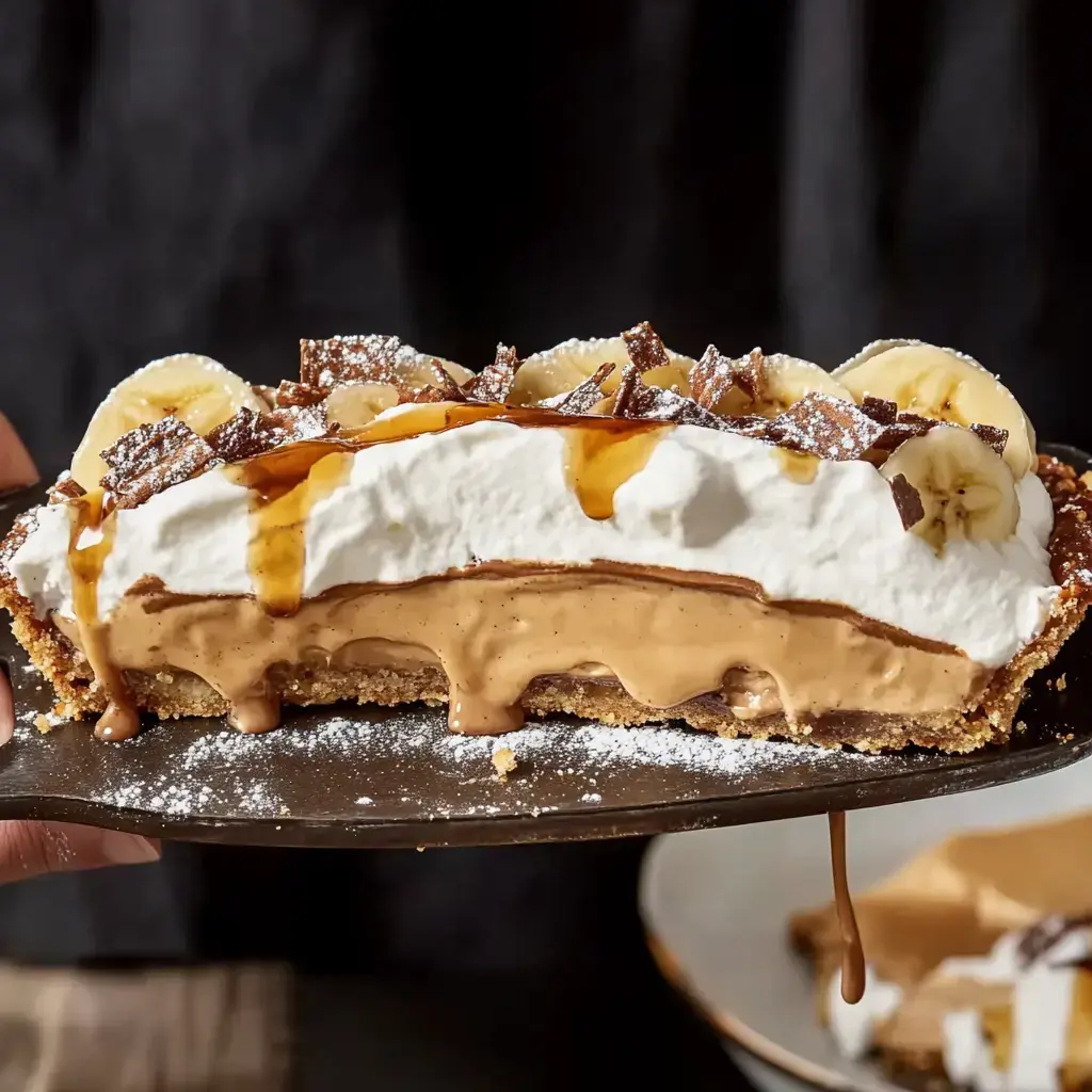 A slice of layered dessert featuring banana, chocolate, peanut butter, and whipped cream on a graham cracker crust, with caramel drizzled on top.