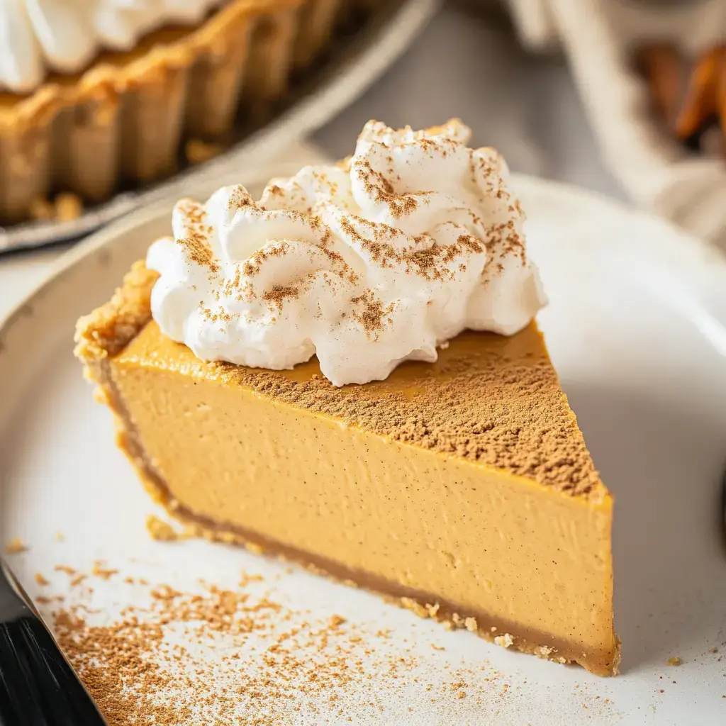 A slice of creamy pumpkin pie topped with whipped cream and a sprinkle of cinnamon, set on a white plate.