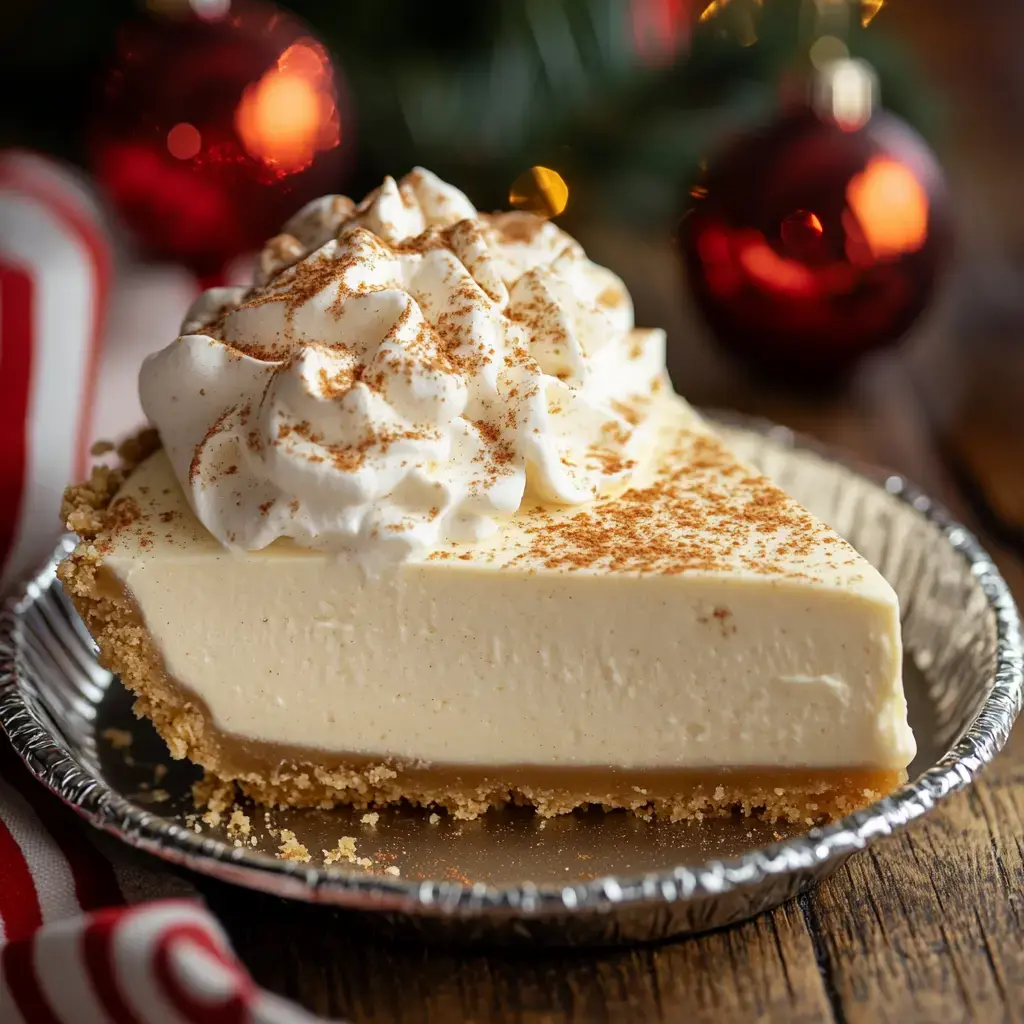 A slice of cream pie topped with whipped cream and a sprinkle of cinnamon is displayed on a metal pie plate, with festive decorations in the background.