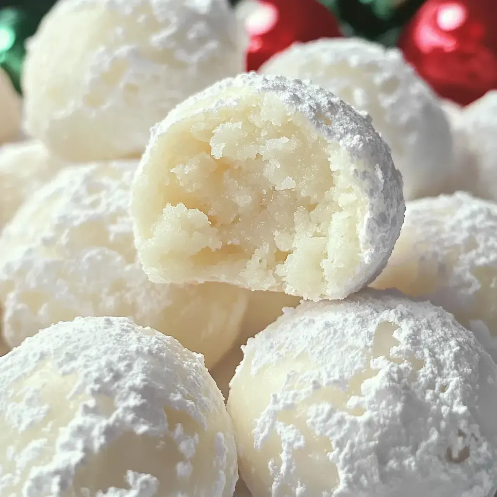 A close-up of powdered sugar-coated dessert balls, with one showing a bite taken out to reveal a creamy filling.