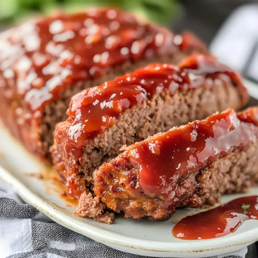 A close-up of a sliced meatloaf topped with a glossy tomato sauce on a white plate.