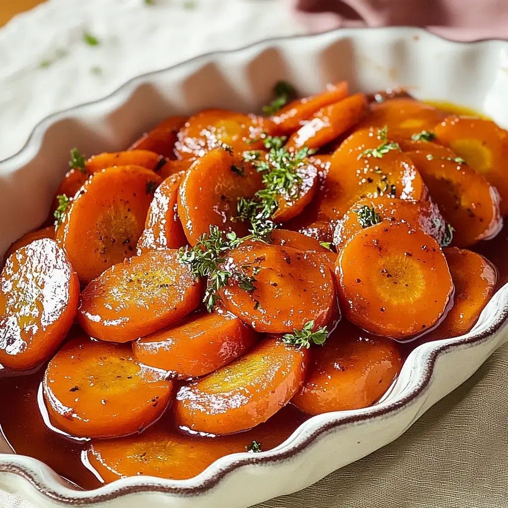 A dish of glossy, glazed sliced carrots garnished with fresh herbs.