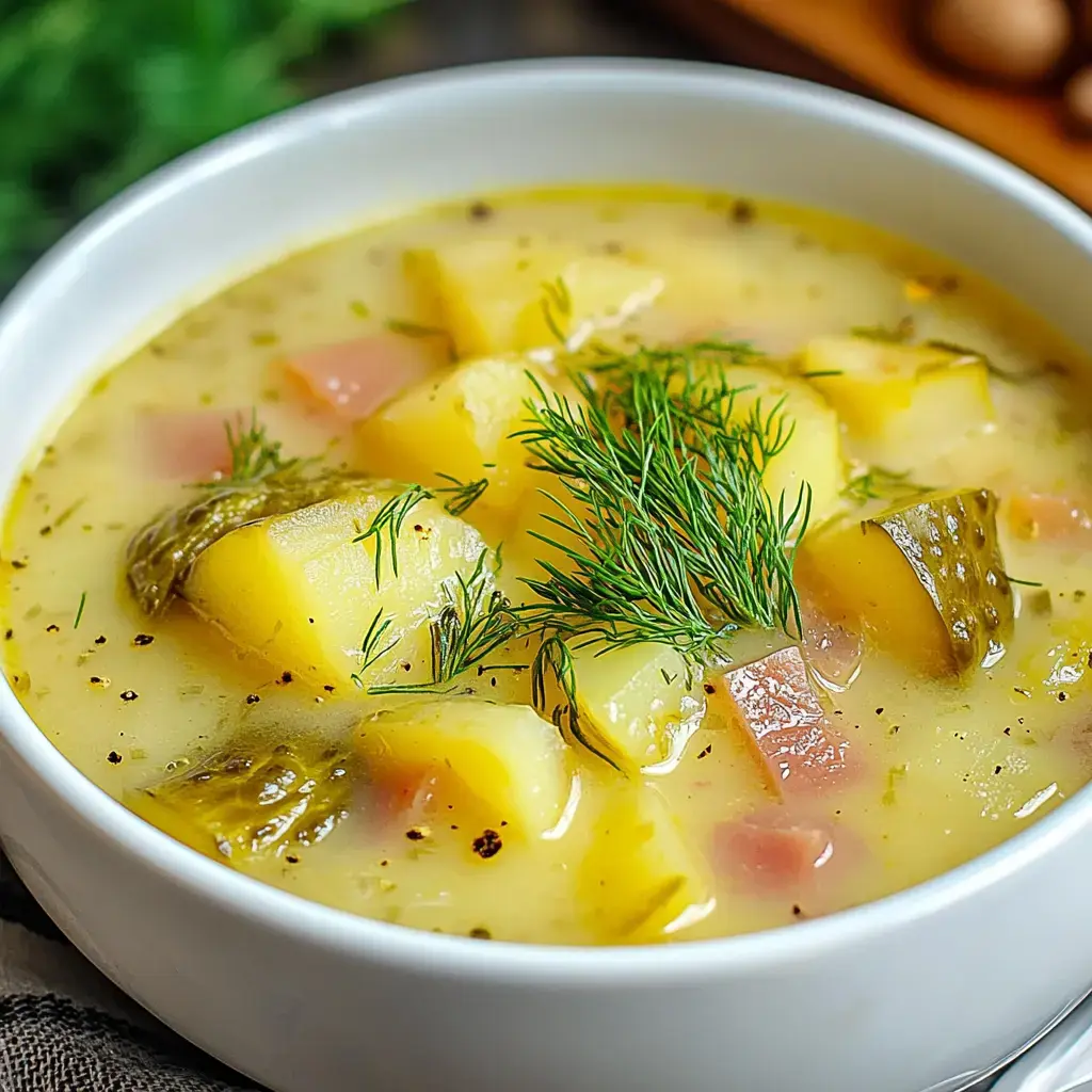 A bowl of creamy soup with chunks of potato, ham, and pickles, garnished with fresh dill.