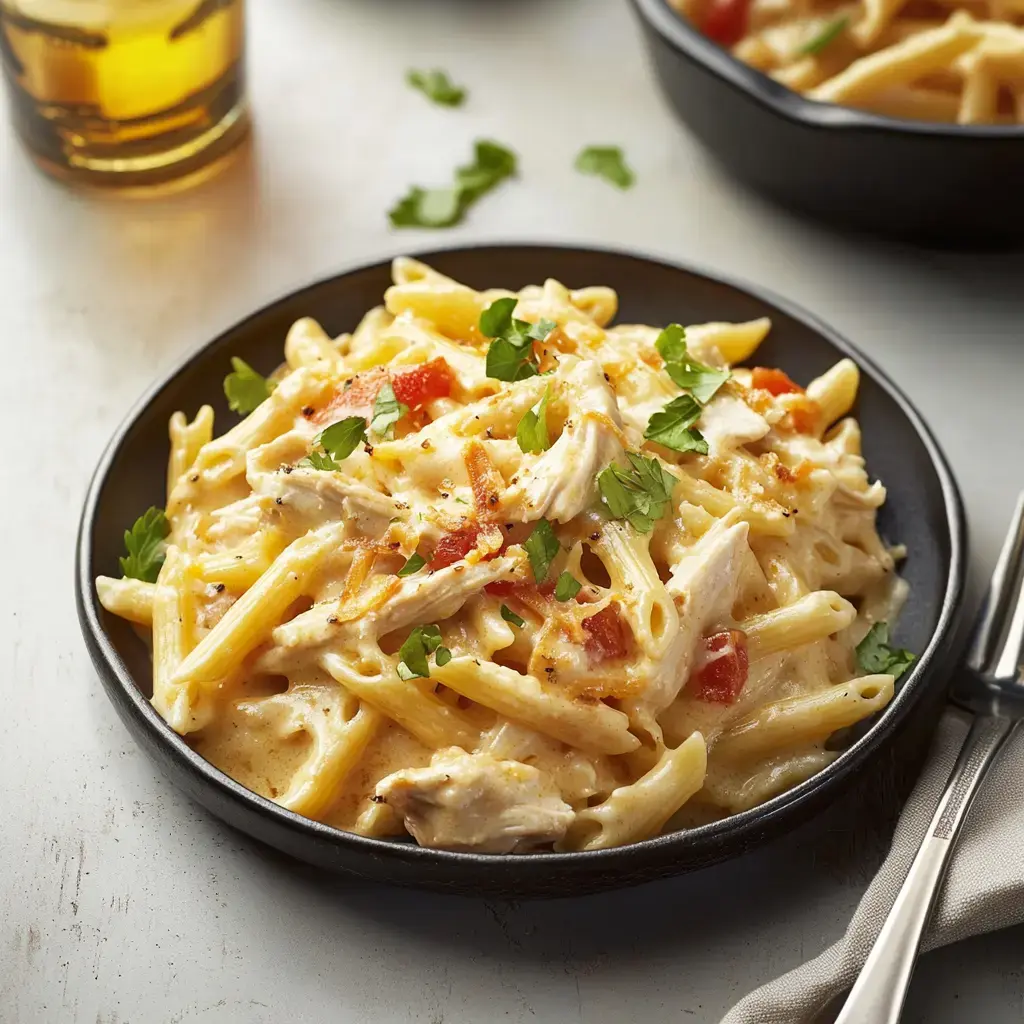 A close-up of a bowl of creamy penne pasta with chicken, tomatoes, and fresh parsley garnish.