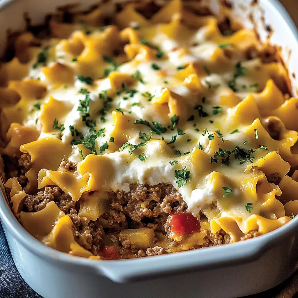 A baked pasta dish with layers of noodles, ground meat, and cheese, garnished with parsley.