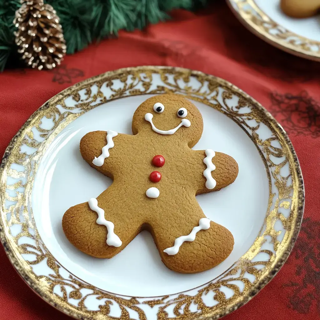 A decorated gingerbread man cookie with icing and candy embellishments is presented on an ornate plate, against a festive red background.