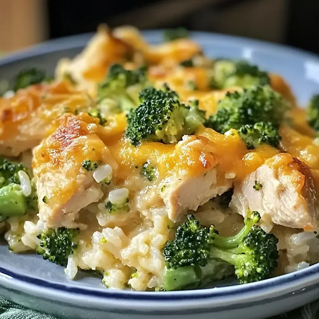 A close-up shot of a dish featuring baked chicken, broccoli, and rice, topped with melted cheese.